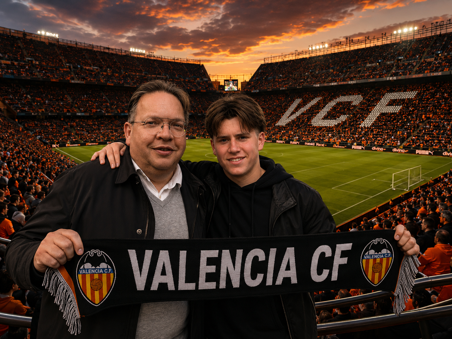 Gert en Pim met de Valencia CF-sjaal in het Mestalla Stadion